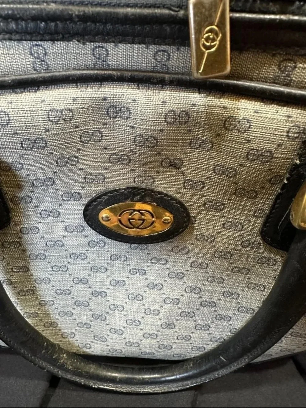 Gucci Gray Monogram Satchel with Black Leather Trim